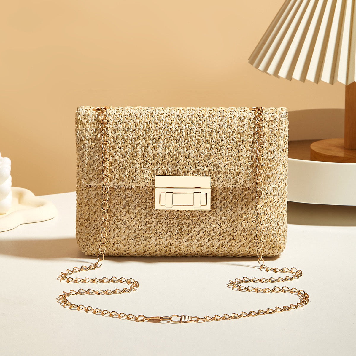 Bolso cuadrado simple con cerradura de rafía para mujer