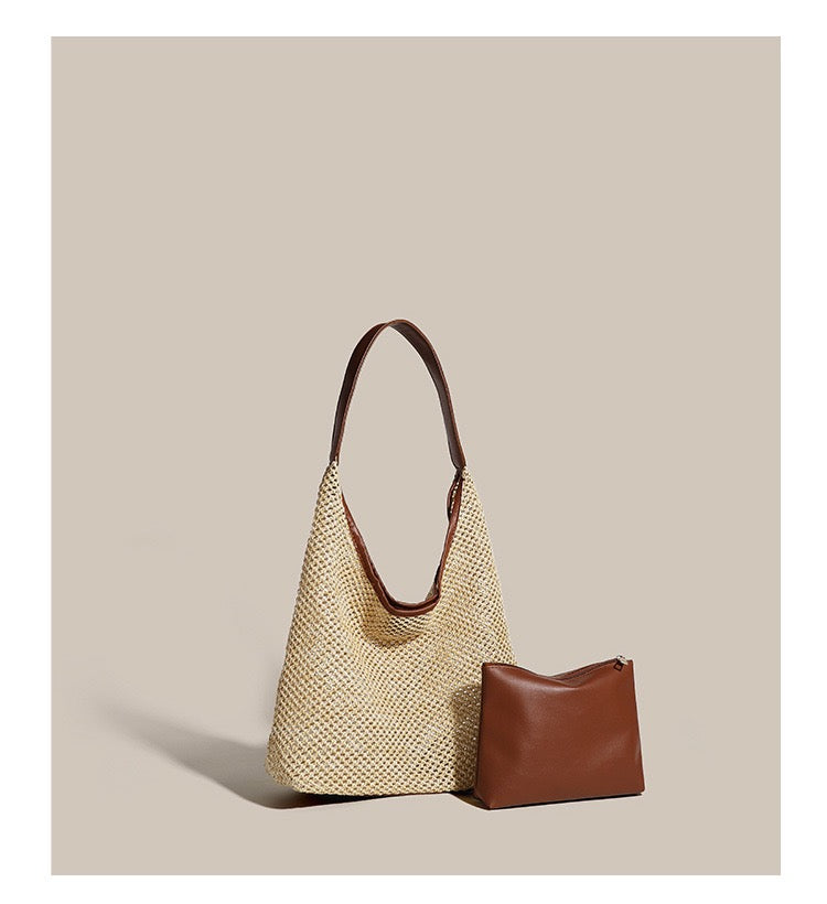 Bolso de mano tejido de paja retro Bolso de playa de gran capacidad de hombro
